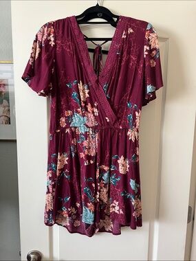Xhilaration Burgundy Floral Romper with Teal and Peach Accents